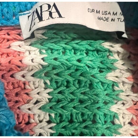 Zara Cardigan Sweater Crochet Knit Blue Pink Striped Casual Colorful, Size M - Picture 5 of 5
